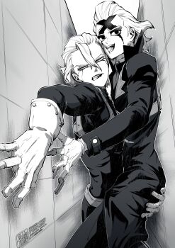 2boys absurdres carrying carrying_person clenched_teeth cracked_skin dr._stone facial_mark gloves greyscale hair_between_eyes hand_on_another&#039;s_ass highres long_sleeves looking_at_viewer male_focus mitsuru_(aica_hikari) monochrome multiple_boys open_mouth short_hair smile stanley_snyder_(dr.stone) teeth xeno_(dr.stone) yaoi