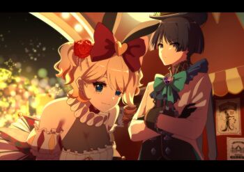 Rule 34 | 1boy, 1girl, alternate costume, animal ears, anime coloring, armpit crease, bare shoulders, bent over, black eyes, black hair, black hat, blonde hair, blue eyes, blunt ends, bow, bowtie, breasts, cleavage, closed mouth, clover facial mark, coattails, collar, crossed arms, detached sleeves, diamond (shape), diamond facial mark, eyelashes, facial mark, fake animal ears, flower, frilled collar, frilled shirt collar, frilled sleeves, frills, frown, gem, genshin impact, green bow, green bowtie, hair behind ear, hair bow, hair flower, hair ornament, hat, heart, heart-shaped gem, heart facial mark, highres, large bow, leaning forward, long sleeves, looking at viewer, night, oc x canon, original, outdoors, pippicetta, poster (object), puffy sleeves, purple gem, rabbit ears, red bow, red flower, red rose, rose, rosetta (pippicetta), scaramouche (genshin impact), short hair, short twintails, sidelighting, smile, spade (shape), spade facial mark, split mouth, swept bangs, tailcoat, top hat, tsurime, twintails, white sleeves, wispy bangs