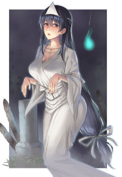 Rule 34 | 1girl, alternate costume, black hair, breasts, fusou (kancolle), ghost costume, hair between eyes, halloween costume, highres, japanese clothes, kantai collection, kimono, kokuzou, large breasts, long hair, low-tied long hair, red eyes, shiroshouzoku, solo, triangular headpiece, very long hair, white kimono, wide sleeves