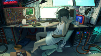 1girl android blunt_bangs brown_hair cable chair computer dress electric_fan female_focus fxx glasses headphones highres lamp microphone monitor on_chair original paper pen red_eyes short_hair sitting solo table tagme watch white_dress wristwatch