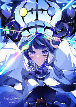 1girl absurdres black_dress black_hair blue_eyes blue_gloves blunt_bangs blush bob_cut chandelier chandelure closed_mouth coat crown dress fire gen_5_pokemon gloves glowing gradient_hair gwynn_(pokemon) hat heterochromia highres long_sleeves looking_at_viewer mega_chandelure mega_pokemon mismatched_eyes multicolored_hair nintendo open_clothes open_coat partially_fingerless_gloves pokemon pokemon_(creature) pokemon_legends:_z-a purple_eyes purple_fire purple_hair short_hair to_camellia upper_body white_coat yellow_eyes