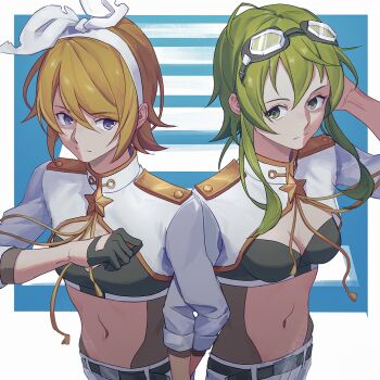 2girls back-to-back bikini black_bikini black_bodysuit black_gloves blonde_hair blue_eyes bodysuit bow breasts cleavage closed_mouth commentary_request cropped_jacket cropped_shirt gloves goggles goggles_on_head green_eyes green_hair gumi hair_bow hair_ornament hairband hairclip highres horse_girl jacket kagamine_rin long_sleeves medium_breasts medium_hair multiple_girls navel shirt short_hair sidelocks swept_bangs swimsuit vocaloid white_hairband white_jacket white_shirt wounds404