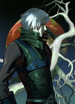 1boy belt bishounen black_gloves blue_eyes closed_mouth coat commentary dante_(devil_may_cry) devil_may_cry devil_may_cry_(series) devil_may_cry_2 english_commentary gloves hair_over_one_eye highres jacket male_focus mrsheep673 red_coat simple_background solo standing white_hair