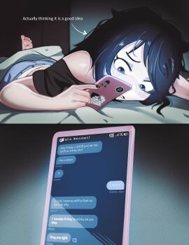 1girl absurdres barefoot black_hair black_shirt blanket blue_shorts cellphone commentary door english_commentary english_text grey_eyes highres holding holding_phone indoors kuroki_tomoko long_hair lying on_bed on_stomach phone shirt short_sleeves shorts smartphone solo text_messaging watashi_ga_motenai_no_wa_dou_kangaetemo_omaera_ga_warui! zumpling