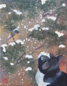 Rule 34 | animal, animal focus, bird, branch, cat, commentary, highres, matsumoto ryohei, no humans, original, snow, symbol-only commentary