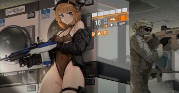 1girl 2boys absurdres aiming animal_ears assault_rifle bandaid_on_thigh battle_rifle black_choker black_gloves black_jacket black_leotard blonde_hair blue_eyes breasts choker closed_mouth combat_helmet commission covered_navel cowboy_shot dog_tags gloves goback green_jacket green_pants gun h&amp;k_hk416 headphones heads-up_display helmet highleg highleg_leotard highres holding holding_gun holding_weapon indoors jacket laundromat leotard long_sleeves m14 m1a_socom_16 medium_breasts medium_hair military_combat_uniform military_uniform multiple_boys off_shoulder open_clothes open_jacket original pants pixiv_commission pouch rifle skindentation soldier standing sunglasses swept_bangs thigh_pouch thigh_strap trigger_discipline user_interface vertical_foregrip washing_machine weapon