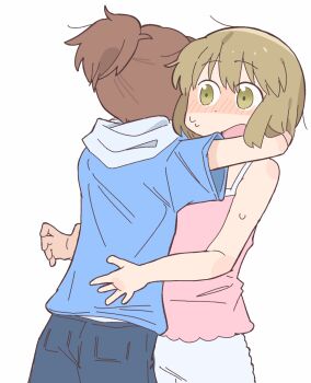 2girls bare_shoulders blonde_hair blue_hoodie blue_shorts blush brown_hair camisole city_(arawi_keiichi) dot_nose from_behind green_eyes highres hood hood_down hoodie hug multiple_girls nagumo_midori niikura_(city) open_mouth pink_camisole ponytail short_hair shorts simple_background surprised sweat white_background white_shorts wichimi