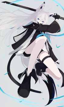 1girl absurdres animal_ears ankle_boots azur_lane black_gloves black_sailor_collar black_thighhighs blue_eyes blue_neckerchief boots chokutou detached_sleeves fox_ears fox_girl fox_tail fur_collar gloves grey_hair highres holding holding_sword holding_weapon jacket japanese_clothes katana kawakaze_(azur_lane) kawakaze_(monochromatic_interlude)_(azur_lane) kimono long_hair long_sleeves looking_at_viewer mountainous_horizon natsuki_(natsu_1936) neckerchief official_alternate_costume popped_collar restraints ribbon-trimmed_clothes ribbon-trimmed_sleeves ribbon_trim sailor_collar skirt solo sword tail thighhighs uchikake very_long_hair weapon white_hair wide_sleeves