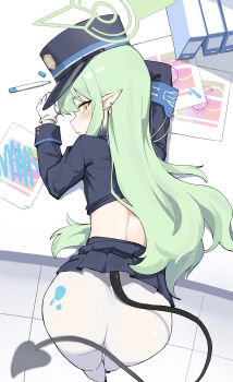 1girl absurdres armband ass back bent_over bent_over_furniture black_hat black_jacket black_skirt black_tail blue_archive blue_armband blush clothes_lift commentary cropped_jacket demon_girl demon_tail desk earrings from_above from_behind gloves green_hair green_halo hair_between_eyes half-closed_eyes halo hat highres hikari_(blue_archive) jacket jewelry kaminari_(edeath) leaning_on_table loli long_hair long_pointy_ears long_sleeves looking_at_viewer looking_back midriff pantyhose parted_lips peaked_cap pleated_skirt pointy_ears sidelocks skirt skirt_lift sleeve_cuffs solo straight_hair tail thighs very_long_hair white_gloves white_pantyhose yellow_eyes