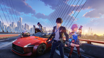 Rule 34 | 2boys, 2girls, ananta, animal ears, bridge, car, city, detached sleeves, fighting stance, finger on trigger, gun, hair intakes, handgun, highres, holding, holding gun, holding weapon, long hair, long sleeves, male protagonist (ananta), mask, motor vehicle, multiple boys, multiple girls, official art, open mouth, pink hair, police, rabbit ears, red car, red eyes, richie (ananta), seymour (ananta), sky, sports car, taffy (ananta), two-handed handgun grip, weapon, white hair