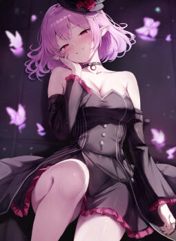 1girl black_choker black_dress black_hat blurry blurry_background blush choker clenched_teeth detached_sleeves dress flower frilled_sleeves frills hand_on_own_face hat hat_flower highres hitsuki_(hitsuki_fundraw) looking_at_viewer lucid_(maplestory) lying maplestory mini_hat mini_top_hat on_back pink_eyes pink_hair pointy_ears short_hair sleeveless sleeveless_dress solo teeth top_hat