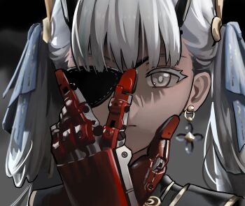 1girl absurdres chen_qixing colored_eyelashes earrings eyepatch gradient_background grey_background grey_eyes highres jewelry jinhsi_(wuthering_waves) long_hair looking_at_viewer mechanical_hands metal_gear_(series) metal_gear_solid_v:_the_phantom_pain one_eye_covered portrait serious solo straight-on twintails v v_over_eye venom_snake white_hair wuthering_waves