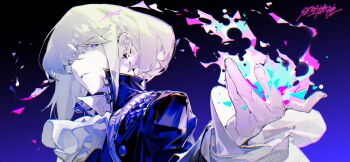 1boy androgynous artist_name ascot bishounen black_jacket blonde_hair blue_fire commentary_request earrings eteru fire frilled_sleeves frills glint gloves gradient_background highres jacket jewelry lio_fotia long_sleeves looking_at_viewer male_focus outstretched_hand parted_lips promare purple_eyes purple_fire pyrokinesis short_hair sidelocks signature solo upper_body white_ascot