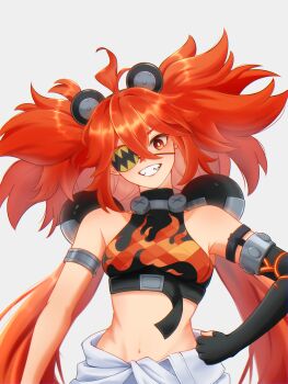 1girl ahoge animal_ears bare_shoulders bear_ears black_gloves breasts commentary crop_top english_commentary eyepatch fake_animal_ears fingerless_gloves gloves gwenny hair_between_eyes hair_ornament highres holding koleda_belobog long_hair looking_at_viewer midriff navel original pants red_eyes red_hair solo sphere_hair_ornament twintails zenless_zone_zero