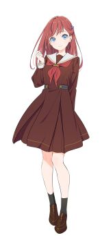 Rule 34 | 1girl, arm behind back, black socks, blue eyes, brown dress, brown shoes, clenched hand, closed mouth, dress, full body, hair ornament, half updo, hand up, hasu no sora school uniform, highres, iizuka haruko, kinjou maika, link! like! love live!, loafers, long hair, long sleeves, looking at viewer, love live!, medium dress, official art, pleated dress, red hair, sailor collar, sailor dress, school uniform, shoes, simple background, smile, socks, solo, standing, tachi-e, transparent background, white sailor collar, winter uniform