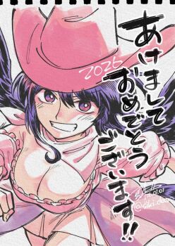 Rule 34 | 1girl, 2026, artist name, black hair, black wings, breasts, brown hat, cleavage, commentary request, cowboy hat, dated, grin, hat, horse girl, horse tail, kurokoma saki, looking at viewer, red eyes, shikido (khf), smile, solo, tail, touhou, twitter username, wings