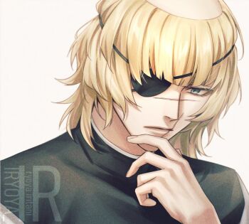Rule 34 | 1boy, artist logo, badeni, black tabard, blonde hair, chi.: chikyuu no undou ni tsuite, commentary request, hand on own chin, iorbtyn, logo, male focus, medium hair, scar, scar on face, scar on lip, scar on mouth, scar on nose, simple background, solo, tabard, tonsure, white background