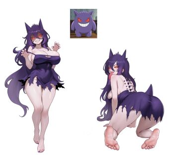 1girl :d absurdres all_fours ass back back_spikes bare_legs bare_shoulders barefoot breasts claw_pose cleavage collarbone colored_sclera commentary covered_navel dress english_commentary feet frayed_clothes gen_1_pokemon gengar grin hair_between_eyes hands_up highres large_breasts long_hair long_hair_between_eyes long_tongue looking_at_viewer looking_back multiple_views nail_polish nihu nintendo open_mouth personification photo_inset pokemon purple_dress purple_hair purple_nails red_eyes red_sclera reference_inset short_tail simple_background skindentation smile soles spiked_hair strap_slip tail teeth thighs toenail_polish toenails toes tongue tongue_out very_long_hair white_background