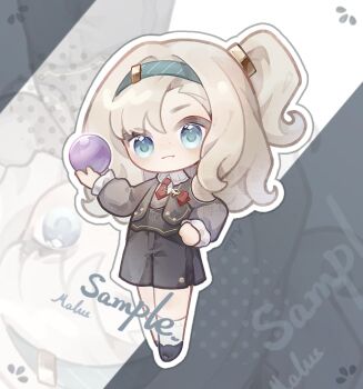 Rule 34 | 1girl, :3, artist name, ball, blonde hair, blue eyes, blue hairband, collared shirt, crystal ball, deformed, full body, grey background, grey footwear, grey shorts, grey sweater, hairband, hand on own hip, hand up, highres, holding, holding ball, long sleeves, looking at viewer, matilda bouanich, medium hair, necktie, one side up, overall shorts, overalls, red necktie, reverse:1999, sample watermark, shirt, shorts, sishi malus, socks, solo, standing, sweater, two-tone background, watermark, white background, white shirt, white socks, zoom layer