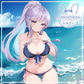 1girl bare_shoulders beach bikini black_bikini blue_sky braid breasts cleavage colored_inner_hair commentary_request commission dodosako grey_hair hands_up highres indie_virtual_youtuber large_breasts long_hair looking_at_viewer multicolored_hair ocean ponytail red_hair skeb_commission sky smile solo streaked_hair swimsuit virtual_youtuber water yellow_eyes