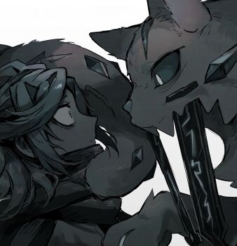 1boy blue_hair blue_scarf bright_pupils cat chien-pao closed_mouth fuji_den_fujiko grusha_(pokemon) highres limited_palette long_hair looking_at_another male_focus nintendo pokemon pokemon_(creature) pokemon_sv scarf simple_background snow_leopard striped_clothes striped_scarf tusks white_background white_fur white_pupils wide-eyed