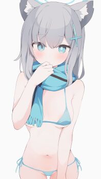 1girl animal_ear_fluff animal_ears areola_slip bikini blue_archive blue_bikini blue_eyes blue_halo blue_scarf blush breasts bright_pupils closed_mouth cowboy_shot cross cross_hair_ornament grey_hair hair_ornament halo hand_up highres hone_kawa inverted_cross looking_at_viewer medium_breasts medium_hair micro_bikini mismatched_pupils navel revision scarf shiroko_(blue_archive) side-tie_bikini_bottom simple_background solo string_bikini swimsuit variant_set white_background white_pupils wolf_ears wolf_girl