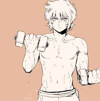 1boy alternate_costume bicep_curl commentary_request dumbbell exercising hands_up holding holding_dumbbell leo_aiolia light_frown looking_to_the_side mizuhara_aki monochrome muscular muscular_male navel saint_seiya short_hair sideburns sweat topless_male upper_body v-shaped_eyebrows weightlifting