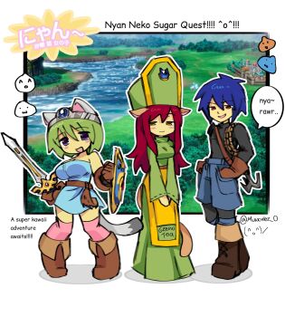 Rule 34 | 2girls, animal ears, artist name, breasts, cat ears, cat girl, cat tail, commentary, cosplay, dragon quest, dragon quest iii, english commentary, english text, gloves, grappling hook, green hair, hat, highres, hitoshi-san, holding, holding shield, holding sword, holding weapon, koneko-chan, long hair, multiple girls, munchiez 0, nyan neko sugar girls, open mouth, priest (dq3), priest (dq3) (cosplay), raku-chan, red hair, shield, shirt, short hair, slime (creature), smile, sword, tail, warrior (dq3), weapon