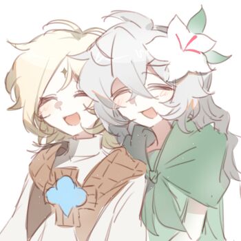 Rule 34 | 1boy, 1girl, blonde hair, braid, closed eyes, colored eyelashes, cookie run, cookie run: kingdom, dress, flower, gloves, green dress, green gloves, hair flower, hair ornament, highres, humanization, long hair, pure vanilla cookie, robe, simple background, white eyelashes, white flower, white hair, white lily, white lily cookie, white robe, yaojingwangchudi