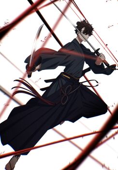 Rule 34 | black hair, black hakama, blue kimono, commentary request, dual wielding, fate/samurai remnant, fate (series), fighting stance, full body, hair over one eye, hakama, highres, holding, holding sword, holding weapon, japanese clothes, katana, kimono, miyamoto iori (fate), sword, topknot, unsheathed, uzura (uzrtamago), waraji, weapon