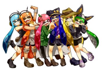 6+girls aji_(coastal_area) animal_ears bike_shorts blonde_hair blue_eyes blue_hair closed_eyes cosplay dog_ears dress fake_animal_ears fangs green_dress green_eyes green_hair green_shirt grin hat head headphones hood hug hug_from_behind iggy_(jojo) iggy_(jojo)_(cosplay) inkling inkling_girl inkling_player_character jacket jean_pierre_polnareff jean_pierre_polnareff_(cosplay) jojo_no_kimyou_na_bouken jojo_pose joseph_joestar joseph_joestar_(cosplay) joseph_joestar_(old) kakyoin_noriaki kakyouin_noriaki_(cosplay) kujo_jotaro&#039;s_pose kuujou_joutarou kuujou_joutarou_(cosplay) leg_up long_hair mohammed_avdol mohammed_avdol_(cosplay) multiple_girls nintendo one_eye_closed open_mouth orange_eyes orange_hair ornament pantyhose pink_eyes pink_hair pleated_skirt pointing pointing_at_viewer pointy_ears pouch scarf shirt shoes shorts shorts_under_skirt skirt smile sneakers splatoon_(series) splatoon_1 tentacle_hair track_jacket wrist_cuffs yellow_eyes