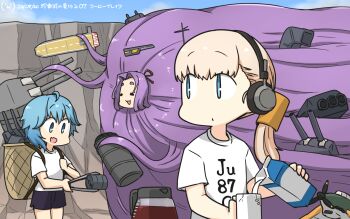 3girls aircraft airplane alternate_costume asymmetrical_hair backpack_basket basket blonde_hair blue_eyes blue_hair blue_sky blunt_bangs bomber cannon closed_eyes clothes_writing cloud coffee_mug coffee_pot cowboy_shot cup dated day drink_carton drum_(container) flight_deck hair_ornament halo hamu_koutarou hatsuharu_(kancolle) highres ju_87 junkers_ju_87 kantai_collection living_hair long_hair mechanical_halo military_vehicle milk_carton minazuki_(kancolle) mug multiple_girls outdoors prehensile_hair purple_hair shin'you_(kancolle) ship_turret shirt short_hair_with_long_locks sky t-shirt tongs upper_body white_shirt