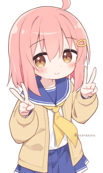 1girl ahoge blue_sailor_collar blue_skirt blush brown_cardigan brown_eyes cardigan closed_mouth commentary double_v hair_between_eyes hair_ornament hairclip highres ii_(ayanepuna) long_sleeves neckerchief open_cardigan open_clothes original pink_hair pleated_skirt sailor_collar school_uniform serafuku shirt simple_background skirt smile solo symbol-only_commentary twitter_username v white_background white_shirt yellow_neckerchief yuune_(ayanepuna)