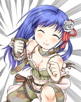 1girl blue_hair blush bra_strap breasts camouflage camouflage_scarf camouflage_shorts cleavage clenched_hand closed_eyes closed_mouth commentary_request flower green_scarf green_shorts green_tube_top hair_flower hair_ornament haty incoming_attack incoming_punch long_hair lowres medium_breasts navel punching ragnarok_online ranger_(ragnarok_online) rose scarf shorts smile solo strapless tube_top white_background white_flower white_rose