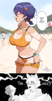... 2koma 4boys 4girls ^_^ absurdres alternate_skin_color animal_ear_fluff animal_ears artist_name bare_arms bare_shoulders beach belle_(summer_skies)_(zenless_zone_zero) belle_(zenless_zone_zero) bikini black_nails blank_eyes blue_hair blue_sky blurry bracelet breasts brother_and_sister bucket_hat cameltoe cleavage closed_eyes collar comic commentary cowboy_shot depth_of_field dog_boy dog_ears earrings english_commentary english_text fangs flower flower_ornament groin hair_between_eyes hair_ornament hairclip hat highres jacket jewelry komano_manato lapels large_breasts lightning long_hair looking_at_another low_twintails md5_mismatch micro_shorts motion_lines mountainous_horizon multiple_boys multiple_girls navel necklace official_alternate_costume official_alternate_hairstyle open_clothes open_jacket open_mouth orange_bikini orange_flower orange_shorts outdoors pantheon_eve partially_colored partially_shaded_face partially_visible_vulva removing_pants scar scar_across_eye scar_on_face shiny_skin shocked_pupils short_hair shorts siblings sideboob sidelocks skindentation sky small_sweatdrop smile speech_bubble spiked_jacket surprised swimsuit tan tanline twintails umbrella undressing wise_(zenless_zone_zero) zenless_zone_zero