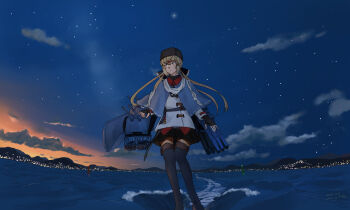 Rule 34 | 1girl, belt, black hat, black skirt, black thighhighs, blue shawl, brown eyes, brown hair, buoy, city lights, cloud, collared shirt, commentary request, commission, dress shirt, feet out of frame, fingerless gloves, fur hat, gloves, hair ornament, hairclip, hat, highres, jacket, kantai collection, kuragare, long hair, long sleeves, looking to the side, mixed-language commentary, mountain, night, on water, papakha, partial commentary, red shirt, ribbon, ribbon trim, rigging, russian commentary, scarf, shawl, ship turret, shirt, sidelocks, skeb commission, skirt, solo, standing, star (sky), sunset, tashkent (kancolle), thighhighs, torpedo launcher, twintails, white jacket, white ribbon, white scarf, zettai ryouiki