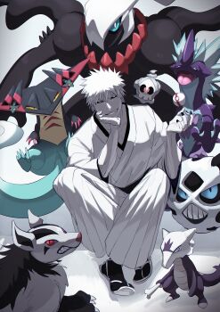 1boy absurdres alolan_form alolan_marowak asure_(asure_twi) black_nails black_sash black_sclera black_socks bleach blue_eyes bone claws collarbone colored_sclera colored_skin crossover darkrai dragapult duskull floating gen_3_pokemon gen_4_pokemon gen_7_pokemon gen_8_pokemon glalie hair_between_eyes hakama hand_on_own_chin highres holding holding_bone hollow_ichigo horns japanese_clothes kimono legendary_pokemon looking_at_viewer mightyena mythical_pokemon nintendo one-eyed open_mouth poke_ball pokemon pokemon_(creature) premier_ball purple_eyes red_eyes sandals sash sharp_teeth shihakusho single_horn sitting skull smirk socks spiked_hair tabi tail teeth tongue tongue_out toxtricity toxtricity_(low_key) trait_connection waraji white_hakama white_kimono white_skin wolf yellow_eyes