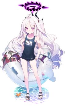 1girl adjusting_clothes adjusting_swimsuit big_hair black_horns black_sandals blue_archive blue_one-piece_swimsuit blush bow caustics character_name closed_mouth clothes_writing covered_navel demon_girl demon_horns demon_wings doremi_(doremi4704) dripping duck_innertube female_focus flat_chest forehead full_body game_asset hair_tie hairclip halo hand_up happy hina_(blue_archive) hina_(swimsuit)_(blue_archive) holding_strap horns innertube japanese_text large_variant_set legs light_blush long_hair looking_at_viewer low_wings official_art one-piece_swimsuit one_side_up pale_skin parallel_hairclips parted_bangs pink_bow purple_eyes purple_halo purple_wings ringed_eyes sandals school_swimsuit shallow_water simple_background skinny smile solo sparkle split_mouth standing starfish swim_ring swimsuit tachi-e thighs third-party_source toes transparent_background variant_set very_long_hair water wet whistle whistle_around_neck white_hair wings