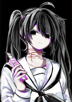 1girl absurdres ahoge black_hair blank_stare bleeding blood boxcutter chest_bow commentary frown hand_up highres holding holding_boxcutter looking_at_viewer n_neko_mizu original sailor_collar self-harm slit_throat solo symbol-only_commentary twintails white_sailor_collar
