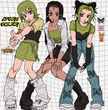 3girls alternate_costume animal_print black_boots black_hair black_skirt boots brown_hair bug butterfly butterfly_print clothing_cutout copyright_name cup dark-skinned_female dark_skin denim detached_sleeves double_bun dreadlocks drinking_glass drinking_straw english_text ermes_costello facial_mark finger_gun foo_fighters_(jojo) fu_r_y green_eyes green_hair green_tube_top grid_background hair_bun hands_on_own_knees highres insect jacket jeans jojo_no_kimyou_na_bouken knees_together_feet_apart kuujou_jolyne long_hair midriff multicolored_hair multiple_girls outline own_hands_together pants shoes short_hair shorts skirt sneakers stone_ocean strap strapless torn_clothes torn_pants tube_top two-tone_hair unmoving_pattern white_boots white_jacket white_outline white_shoes
