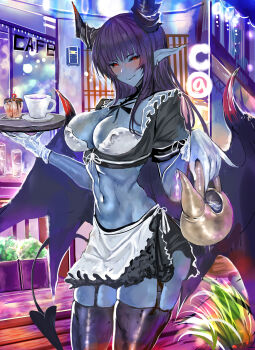 1girl absurdres apron black_hair black_horns black_sclera black_tail black_wings blue_skin blush breasts cafe coffee_pot colored_sclera colored_skin commentary commission cowboy_shot demon demon_(monster_girl_encyclopedia) demon_girl demon_horns demon_tail demon_wings english_commentary highres horns large_breasts long_hair maid maid_apron maid_cafe monster_girl monster_girl_encyclopedia monster_girl_encyclopedia_ii navel olalehee original plant pointy_ears tail thighs tray waitress wide_hips wings