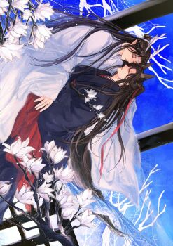 Rule 34 | 2boys, aki uzuzame, animal ears, bishounen, black hair, black hanfu, blue sky, branch, chinese clothes, closed eyes, commentary request, couple, day, dragon boy, dragon horns, dragon tail, dutch angle, eastern dragon horns, eastern dragon tail, extra ears, eye contact, face-to-face, flower, fox boy, fox ears, fox tail, hair ribbon, hanfu, headband, high ponytail, highres, holding, holding branch, holding flower, horns, hug, imminent kiss, kemonomimi mode, lan wangji, light particles, long hair, long sleeves, looking at another, male focus, modao zushi, multiple boys, on railing, outdoors, parted lips, pointy ears, ponytail, profile, railing, red eyes, red ribbon, ribbon, robe, sidelocks, sideways, sitting, sitting on lap, sitting on person, sky, tail, topknot, tree, very long hair, wei wuxian, white flower, white hanfu, white headband, wide sleeves, xiao guan (headdress), yaoi