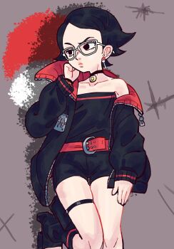 1girl 1her0 belt black_boots black_choker black_eyes black_hair black_jacket black_romper black_shorts black_tube_top boots boruto:_two_blue_vortex choker collarbone commentary earrings english_commentary feet_out_of_frame frown full_body glasses hand_on_own_cheek hand_on_own_face hand_up highres jacket jewelry looking_to_the_side naruto_(series) open-toe_boots red_belt romper short_hair short_shorts shorts single_bare_shoulder sleeves_past_wrists solo strapless strapless_romper thigh_strap tube_top uchiha_sarada uchiha_symbol v-shaped_eyebrows white-framed_eyewear
