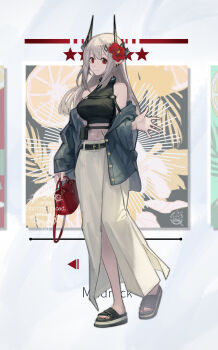 1girl alternate_costume arknights bag bare_shoulders belt black_belt black_horns black_shirt breasts character_name closed_mouth commentary_request demon_horns denim denim_jacket flower full_body grey_hair grey_jacket hair_flower hair_ornament hand_up hemorina highres horns jacket large_breasts long_hair long_skirt looking_at_viewer material_growth midriff mudrock_(arknights) nail_polish navel open_clothes open_jacket oripathy_lesion_(arknights) red_bag red_eyes red_flower red_nails sandals shirt short_sleeves skirt sleeveless sleeveless_shirt smile solo star_(symbol) toenail_polish toenails toes white_skirt