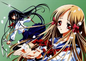 Rule 34 | 00s, azuma hatsumi, azuma hazuki, clothes lift, highres, holding, holding sword, holding weapon, long hair, official art, petticoat, scabbard, school uniform, serafuku, sheath, skirt, skirt lift, slip showing, sword, very long hair, weapon, yami to boushi to hon no tabibito