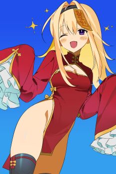 1girl ;d absurdres alion_9715 blonde_hair breasts chaos;head china_dress chinese_clothes clothing_cutout dress hairband highres leotard long_hair long_sleeves looking_at_viewer nishijou_nanami no_panties one_eye_closed open_mouth pelvic_curtain purple_eyes science_adventure sleeves_past_wrists smile solo thighhighs