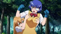 00s 2girls animated anime_screenshot blue_hair breasts eyepatch grabbing_another's_breast green_eyes groping highres ikkitousen ikkitousen_great_guardians large_breasts long_hair moaning mole mole_under_mouth multiple_girls orange_hair ryomou_shimei sonsaku_hakufu tagme video
