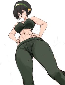1girl abs avatar:_aang_the_last_airbender avatar:_the_last_airbender avatar_legends black_hair breasts collarbone commentary crop_top from_below green_hairband green_pants green_shirt grey_eyes hair_between_eyes hairband hands_on_own_hips highres large_breasts looking_at_viewer pants rakeemspoon shirt simple_background smile solo standing star_(symbol) toph_beifong white_background