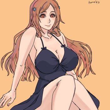 Rule 34 | 1girl, bleach, breasts, cleavage, collarbone, inoue orihime, komeko (strikek-lvvjm27), large breasts, long hair, nightgown, orange hair, solo