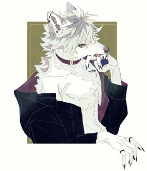 1boy black_jacket body_fur brown_eyes claws collar commentary fuji_166 furry furry_male green_background hand_on_own_chin hand_up jacket jewelry looking_at_viewer male_focus multiple_rings no_shirt notice_lines open_clothes open_jacket original ring solo upper_body white_fur white_hair wolf_boy